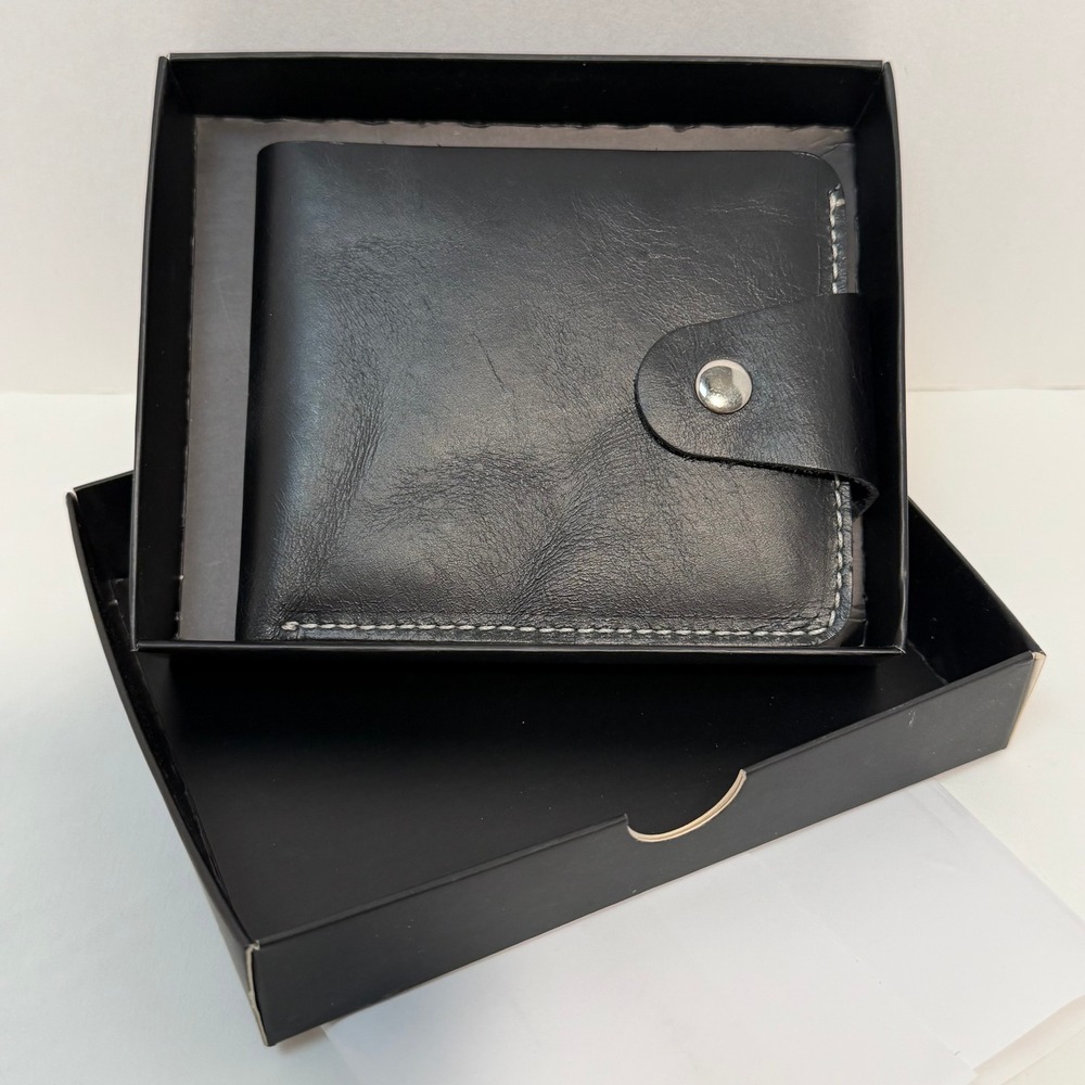 Genuine Black Leather Bifold Wallet with Coin Pocket Snap Closure Made in Turkey